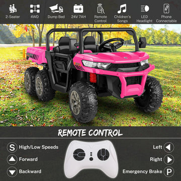 Hikole 2 Seater Ride On Utv For Kids, 24V 6X6 4Wd Electric Kids Car Truck With Remote Control, 6 Wheeler, Dump Bed, Music-24 Volt Ride On Toys For Big Kids Boys Girls 4-8 W/6 Spring Suspension, Pink