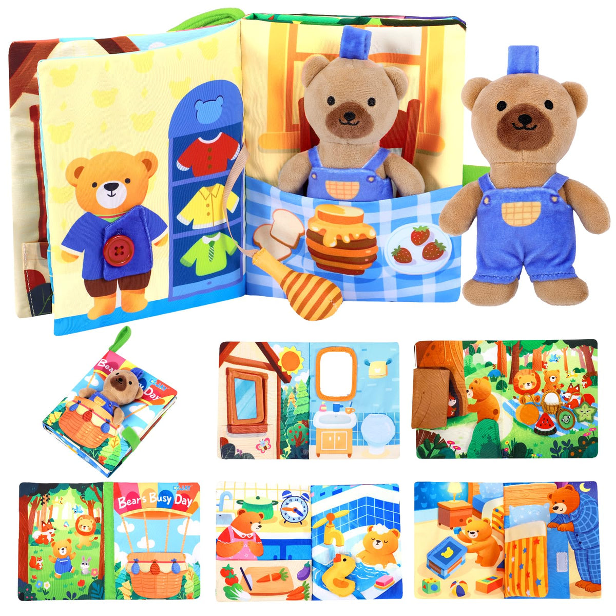 Esjay Busy Book for Toddlers 13, Bear Busy Board Montessori Toys, Learning Activities Fine Motor Skills Book, Birthday Gifts 1 