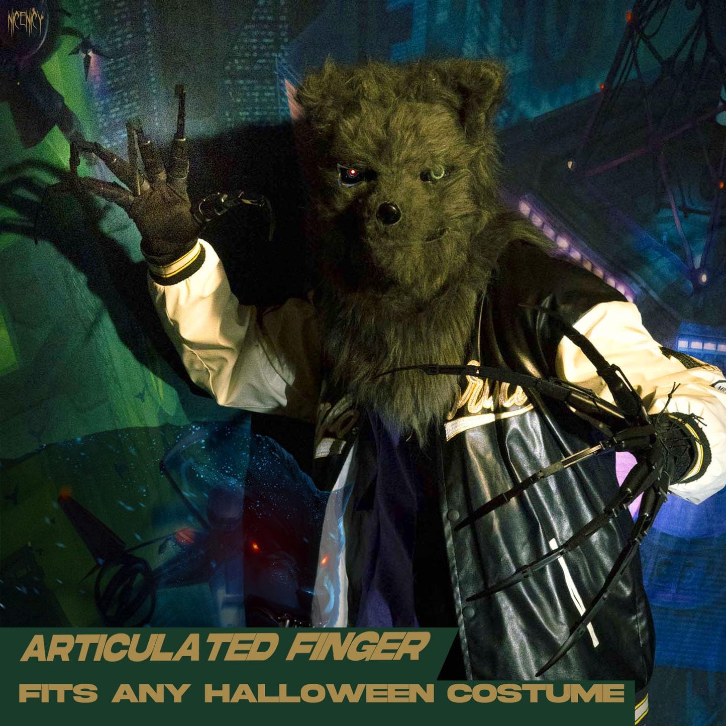NICENICY Halloween Articulated Finger Extensions, Black Plastic Claw Glove, Model 03-AF0000, Flexible Skeleton Hands with Fingernails