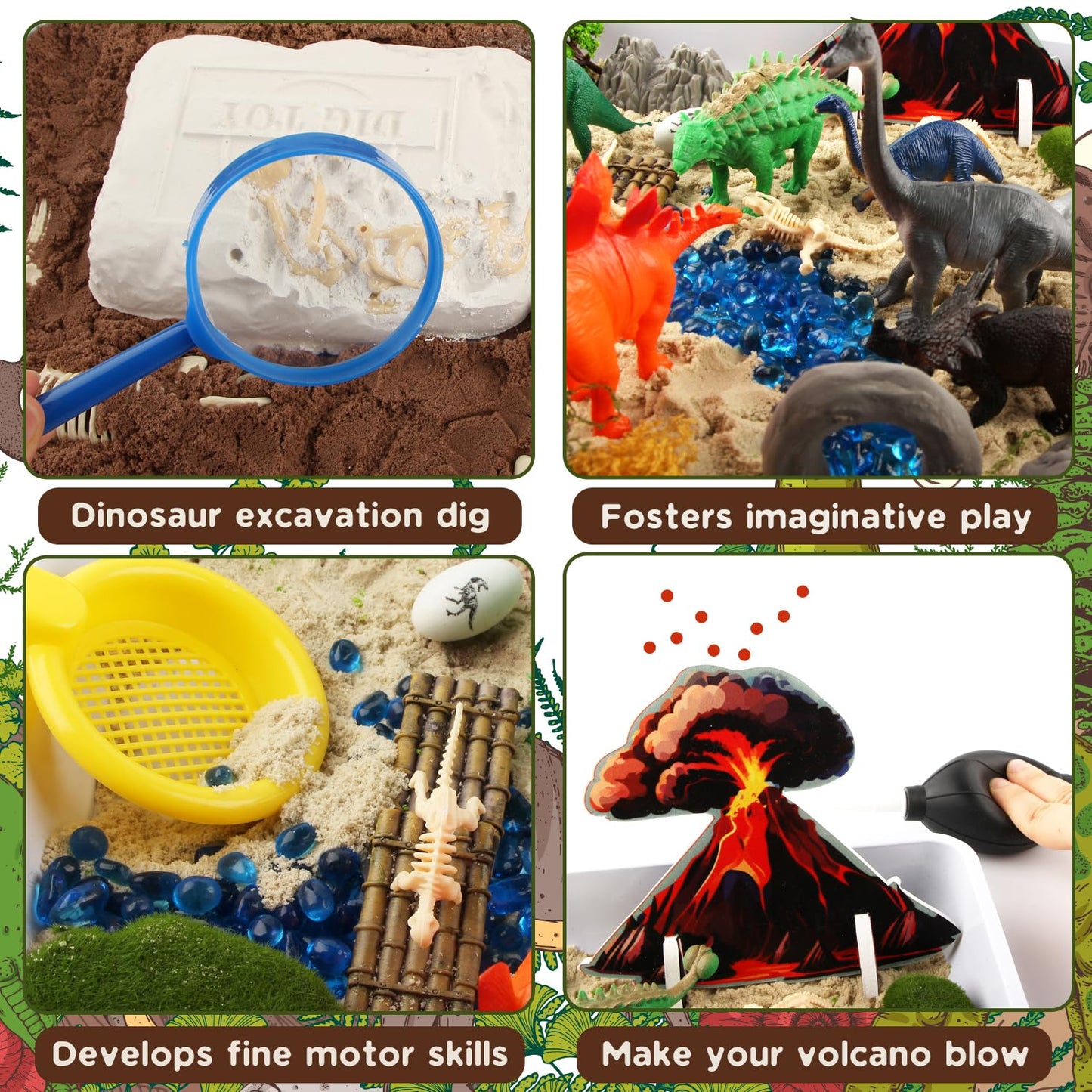 Dinosaur Sensory Bin For Toddler Sensory Toys,Two Sandboxes Sensory Bin Filler With Pom-Pom Volcano Dinosaurs Fossil Dig, Stem P