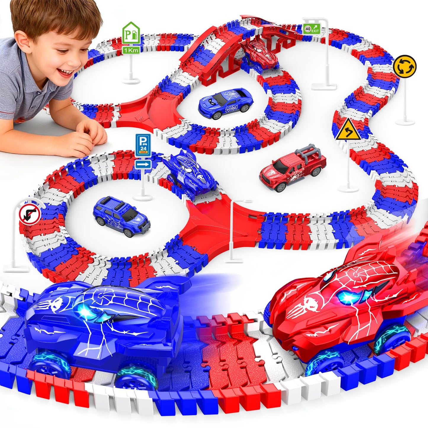 Spider Toys for Boys 4-6, Create A Spider World Road Race Tracks with 2 Cool Spider Cars Toys for Kids Boys, Flexible Train Trac