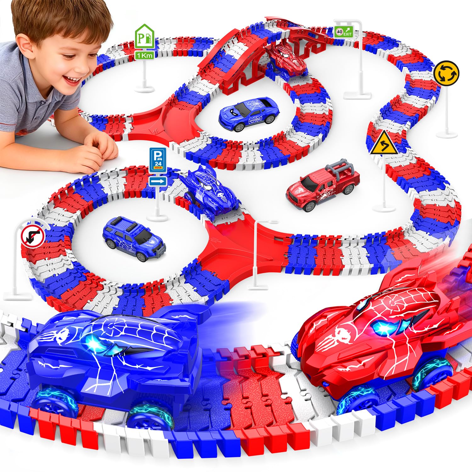 Spider Toys for Boys 4-6, Create A Spider World Road Race Tracks with 2 Cool Spider Cars Toys for Kids Boys, Flexible Train Trac