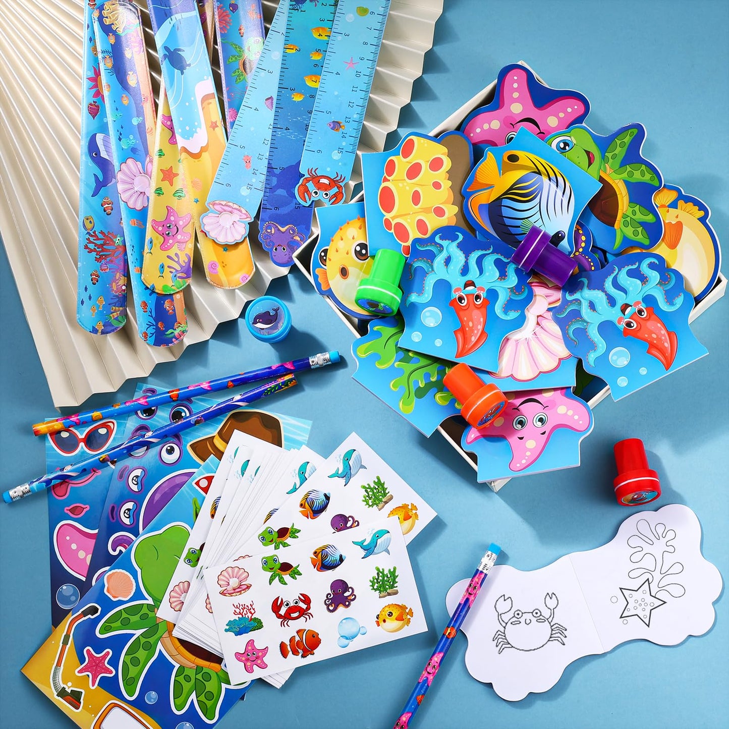 BenLouis Ocean Animals Party Favors - 240Pcs Stampers & Stickers for Kids - School Supplies, Shark & Mermaid Themes, Model BL108
