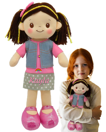 Personalized Rag Dolls for Girls - Custom 16 Inches Soft Plush Snuggle Baby Doll for Toddlers Stuffed Toys - Muecas de Trapo Personalizadas para Nias - Denim Vest and Skirt