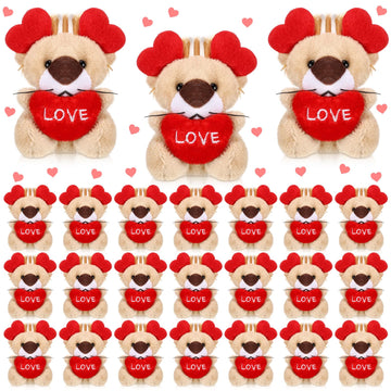 Gejoy 24 Pcs Valentines Day Gifts For Kids Mini Valentines Stuffed Animal Small Plush Keychain With Love Heart Party Favors(Lion