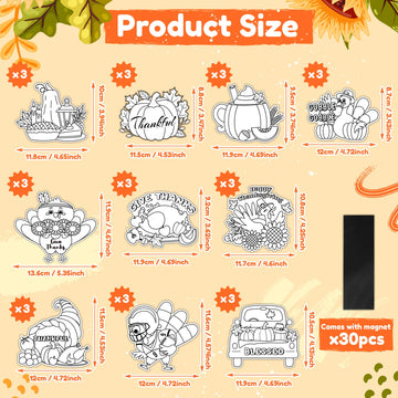 Thanksgiving Coloring Arts Crafts Kits - 30Pcs Fall Color Your Own Magnets for Kids Turkey Pumpkin Blank DIY Coloring Magnets fo