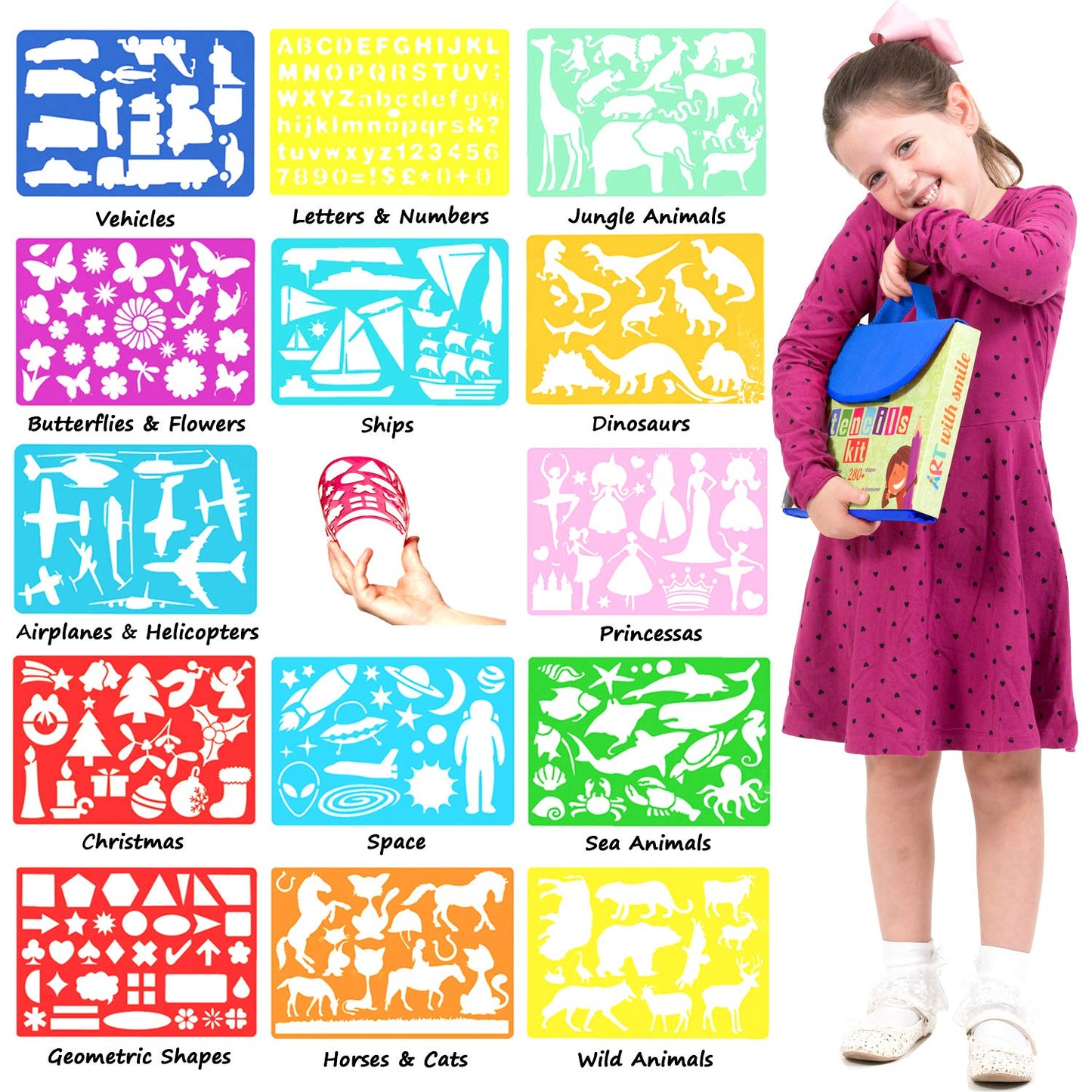 Drawing Stencils Set For Kids (55 Piece) - Arts And Crafts Set For Girls & Boys - Christmas & Birthday Gifts For Kids 4 5 6 7 8 9+ Year Old - Ideal Creativity Kit & Travel Activity With 300+ Shapes