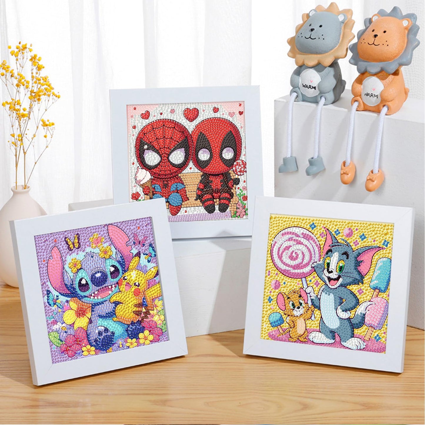 Fuinkqe 4 Packs Diamond Art Kits for Kids, 5D DIY Mosaic Painting, 8X8 Inch, Acrylic, Full Round Drills, JXDXZ19-JXDXZ