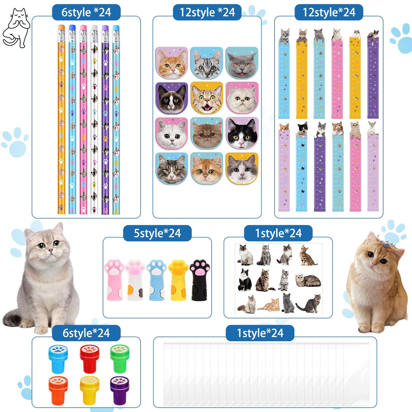 PerKoop 168 Pcs Cat Party Favors Set Cat Pencil Mini Notebook Sticker Stamp Stationery Cat Themed Party Favor for Kitten Animal