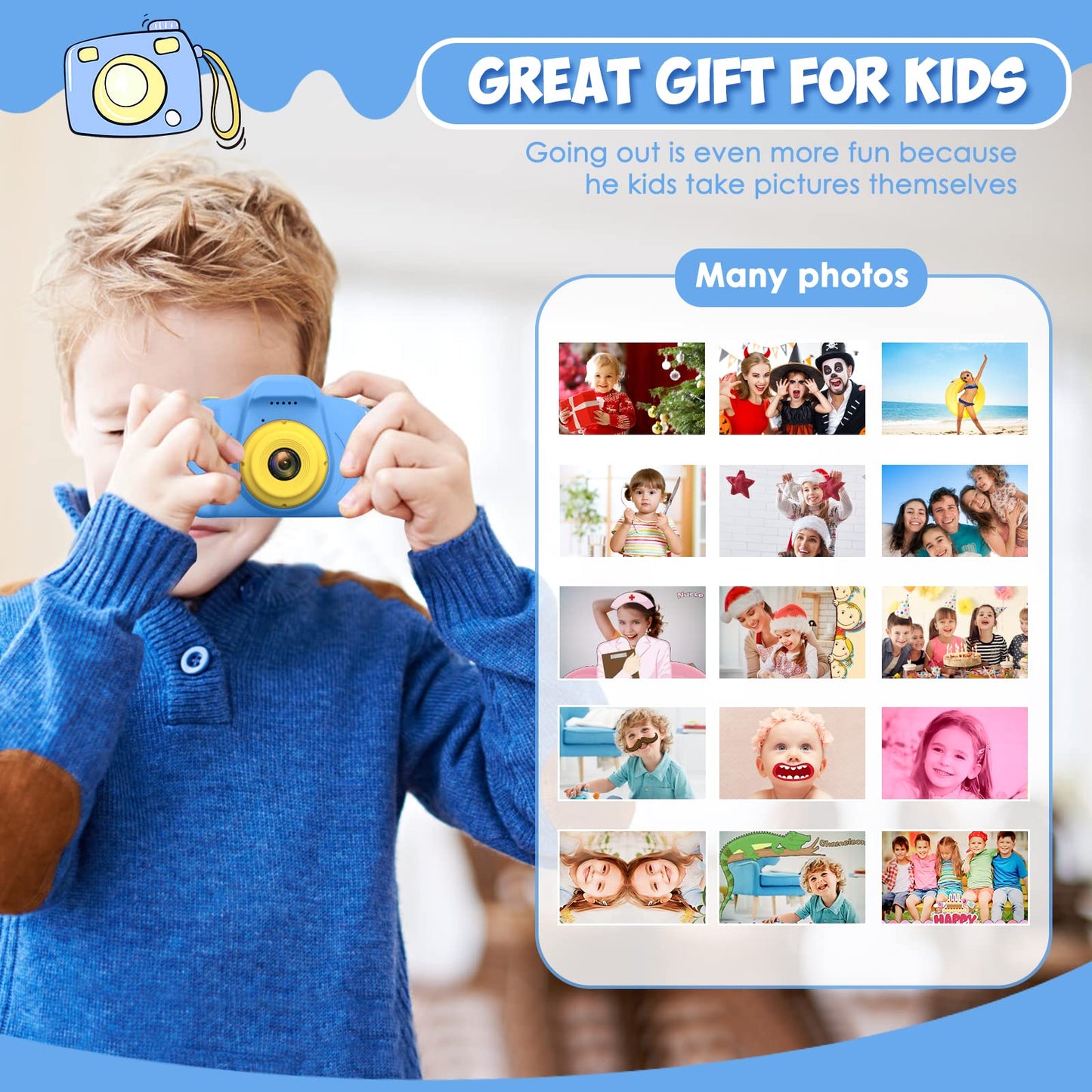 Desuccus Kids Camera - HD Digital Video Camera for Ages 3-9, Compact, Blue, Model X2, Includes 32GB SD Card and 5 Puzzle Games