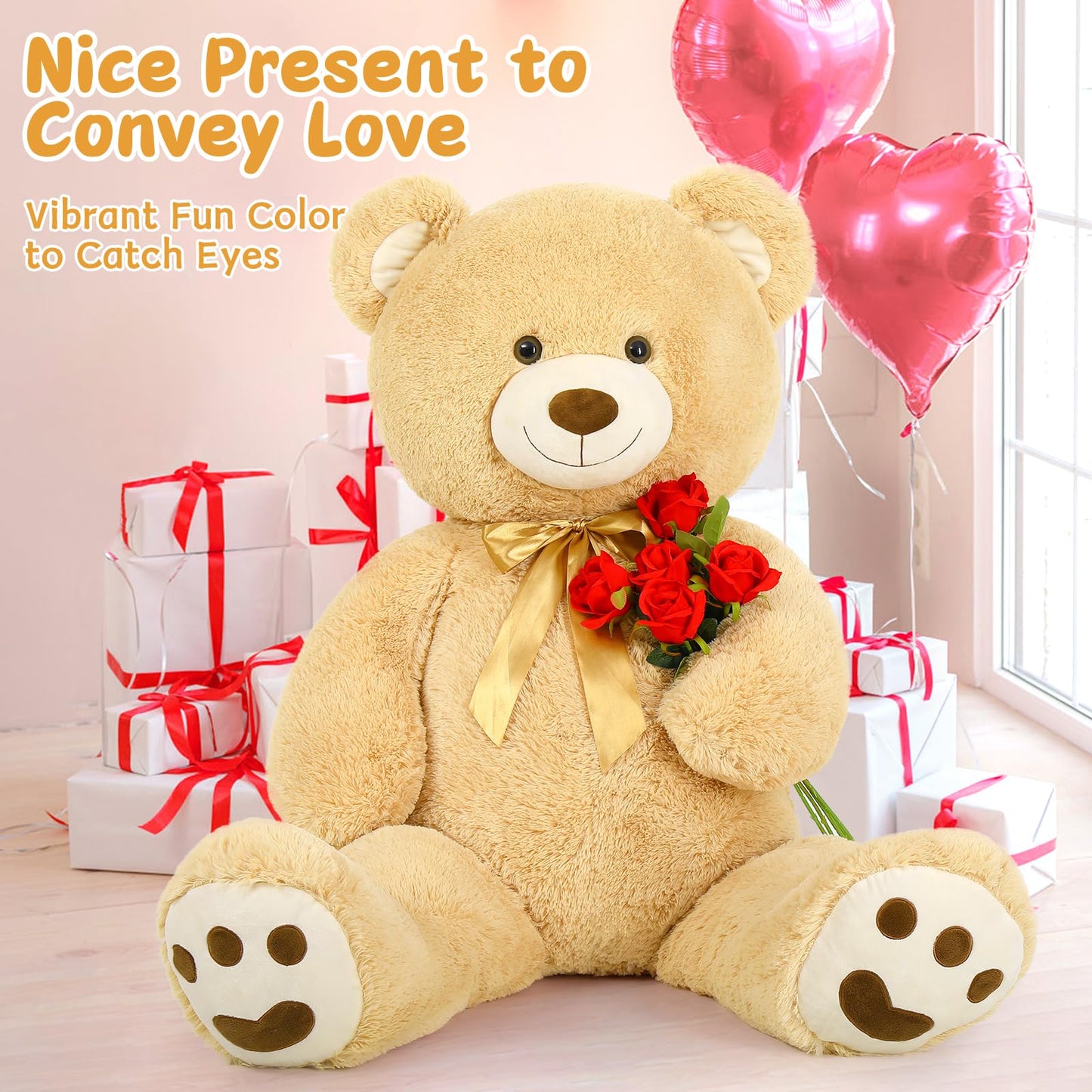 Morismos 5Ft Giant Teddy Bear Stuffed Animal, Large Stuffed Bear With Footprints, Big Life Size Teddy Bear Plush Gifts For Wife, Girlfriend, Women On Valentine, Christmas, Birthday