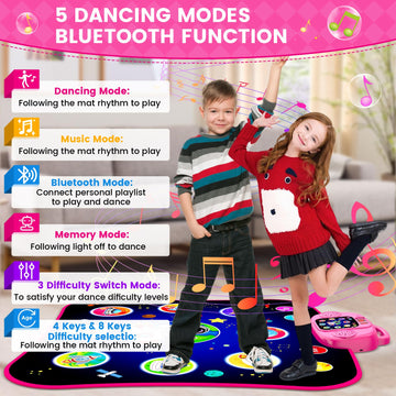 JAMLAMQ Pink Dance Mat Toys for Ages 5-12, Bluetooth Electronic Dance Pad for Kids, Perfect Birthday Gifts for Girls