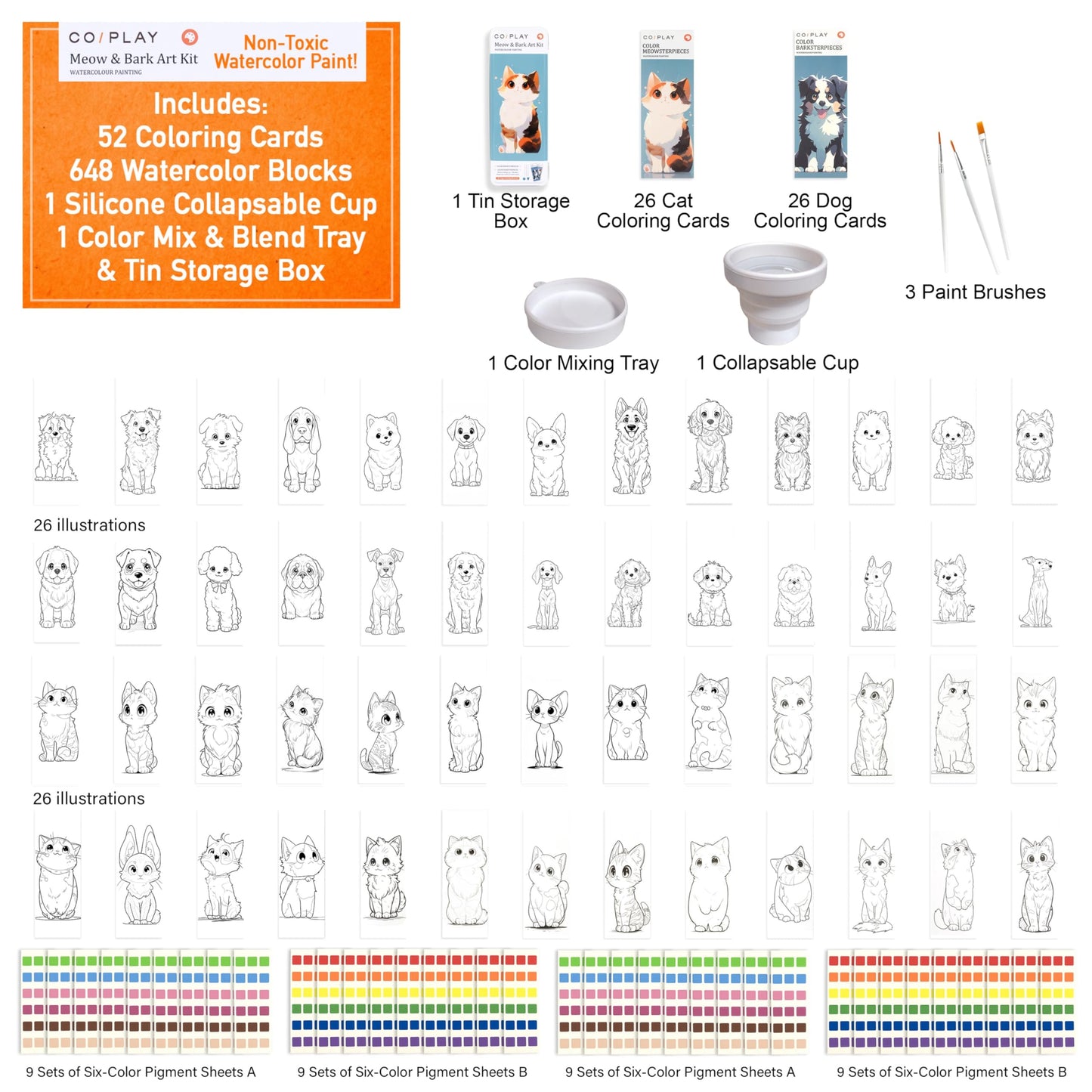 Coiplay 648 Color Blocks Watercolor Paint Set, 52-Bookmarks, 3 Brushes, Silicone Cup, Meow/Bark Coloring Books, For All Ages, Tr