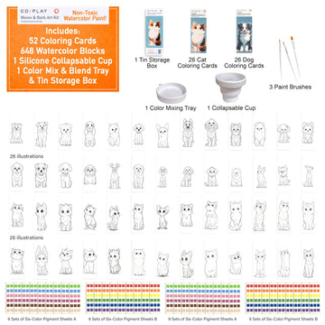 Coiplay 648 Color Blocks Watercolor Paint Set, 52-Bookmarks, 3 Brushes, Silicone Cup, Meow/Bark Coloring Books, For All Ages, Tr