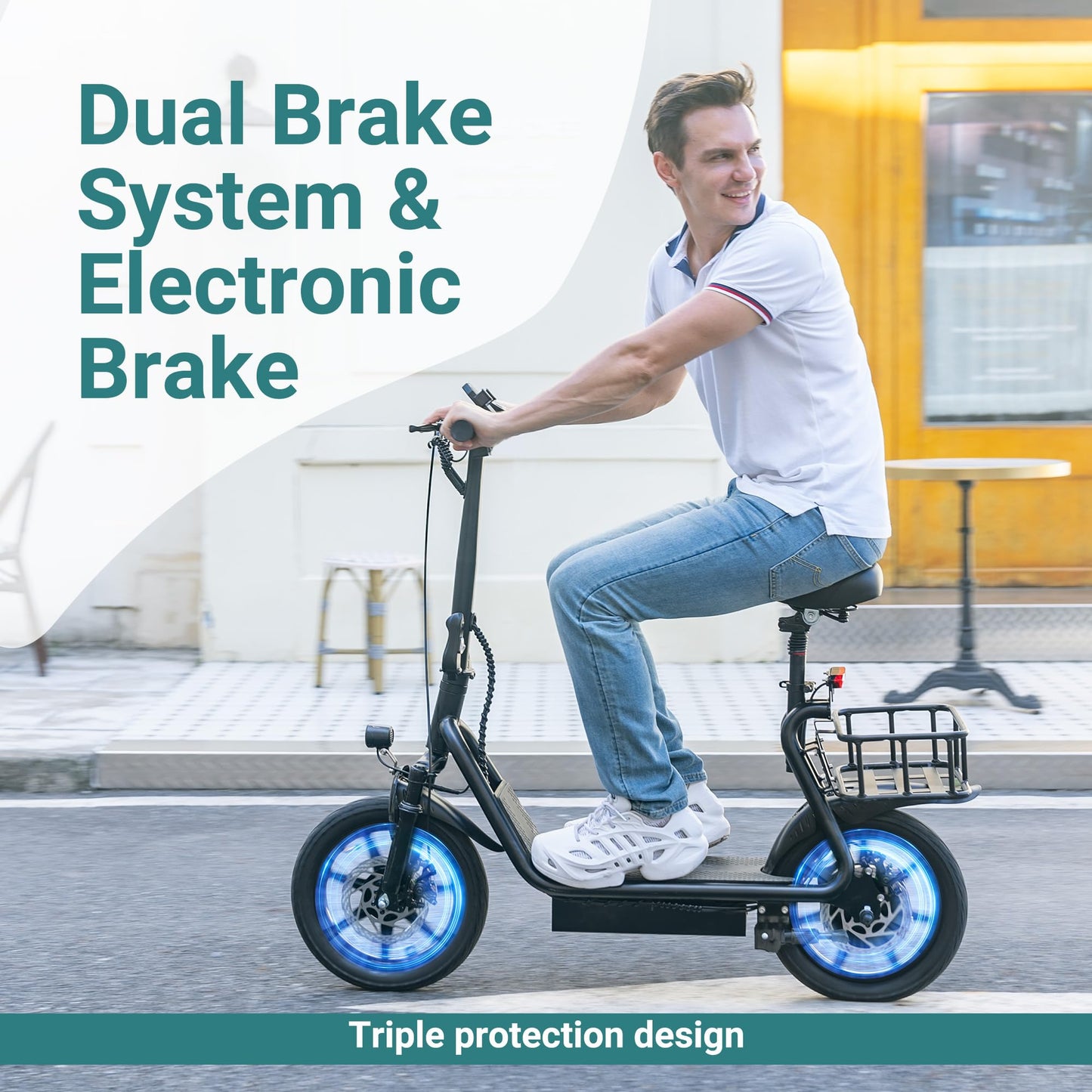 NAVIC T1PRO Electric Scooter Electric Scooter with Seat Max 49 Miles Ranges Top Speed 22 mph 750W Peak Motor for Pets Cargo with Back Basket