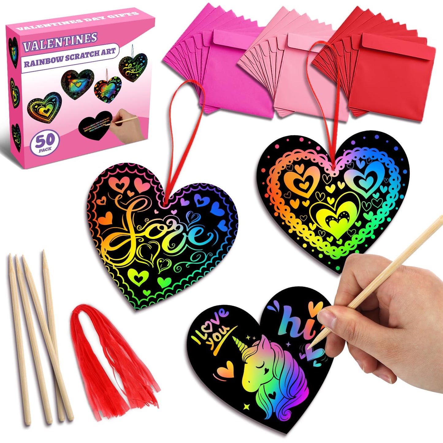 MDCGFOD 50 Pack Valentines Day Gifts for Kids, Rainbow Scratch Heart Crads Valentine Crafts for Kids - Create Magic Color Scratc