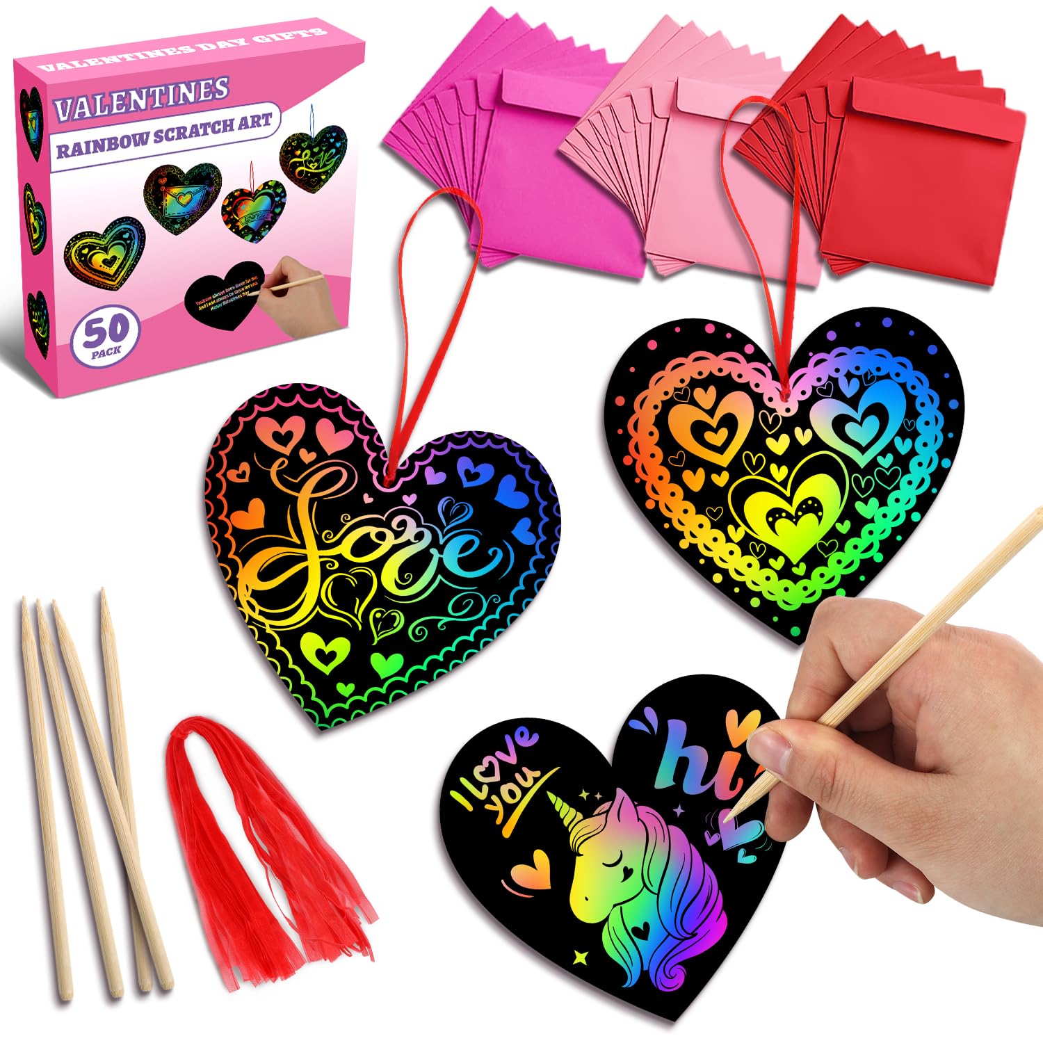 MDCGFOD 50 Pack Valentines Day Gifts for Kids, Rainbow Scratch Heart Crads Valentine Crafts for Kids - Create Magic Color Scratc