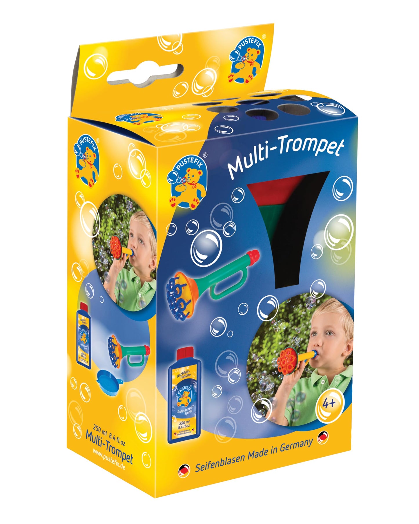 Pustefix Multi Bubble Trumpet Blowing Toy Set - Includes Blower, 8.45 oz Bubbles, Liquid Tray - Multicolor, Model 869-555