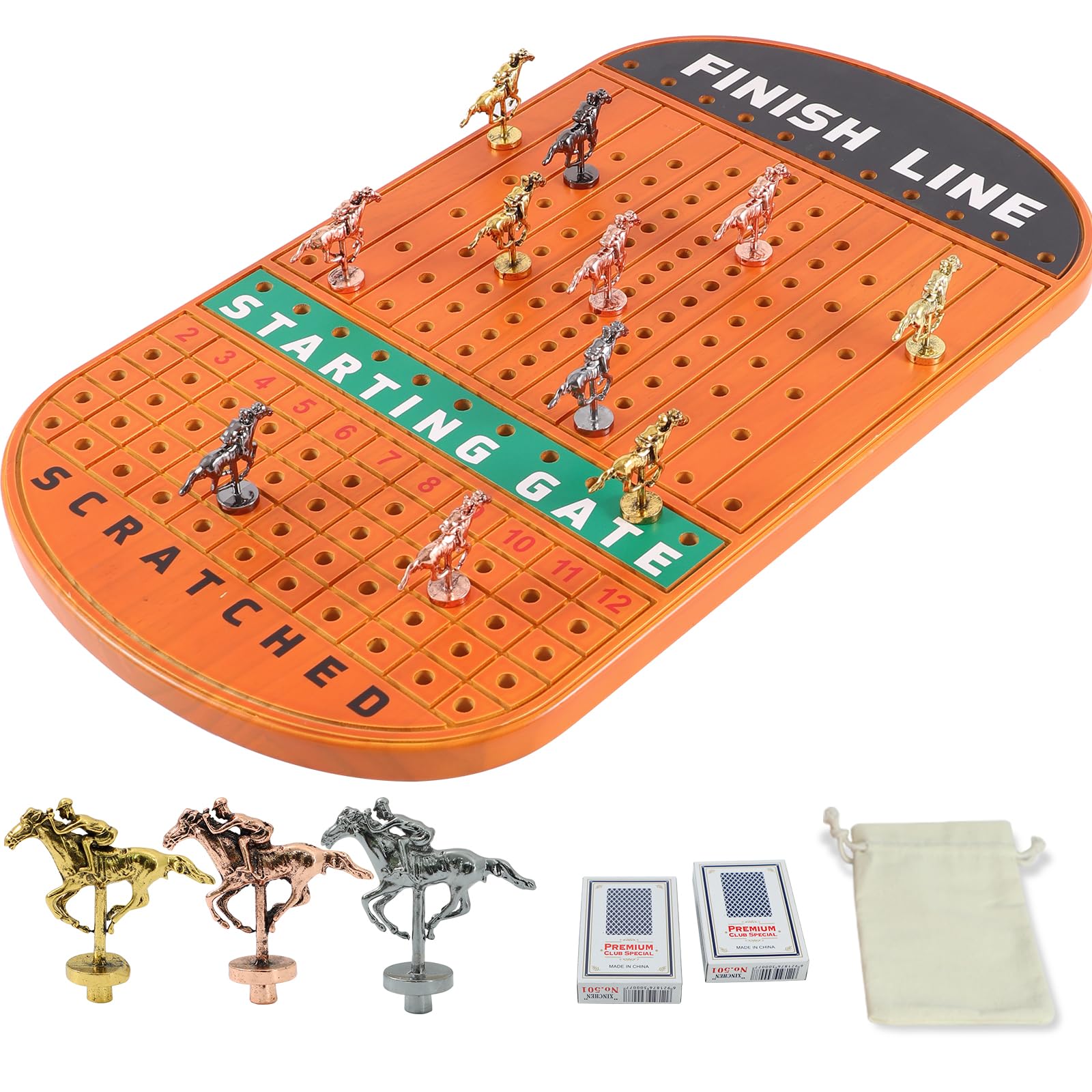 Jyquorp 21 Inches Horse Race Board Game Racing Game Solid Wood With 11 Luxurious Durable Classic Metal Horses With 4 Dice And 2