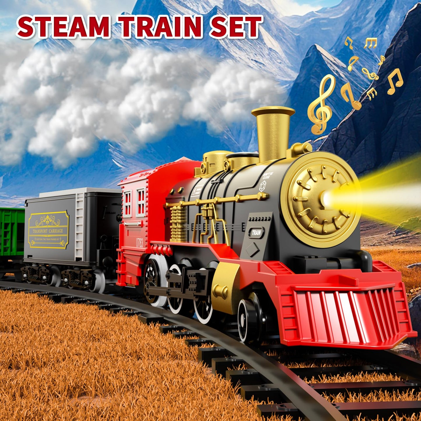 Kukufun Electric Train Set For Kids, 43 Pcs Classic Train Toys Sets For Boys Girls Steam Locomotive Engine, Lights & Sound, Trac