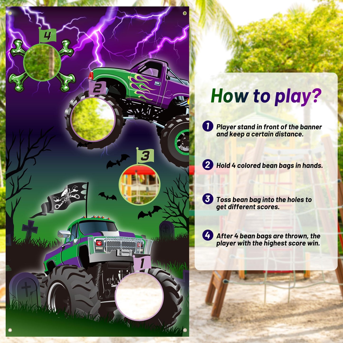 Haooryx Monster Truck Toss Game - Green & Purple, 6Pcs Polyester Indoor/Outdoor Party Game for Kids