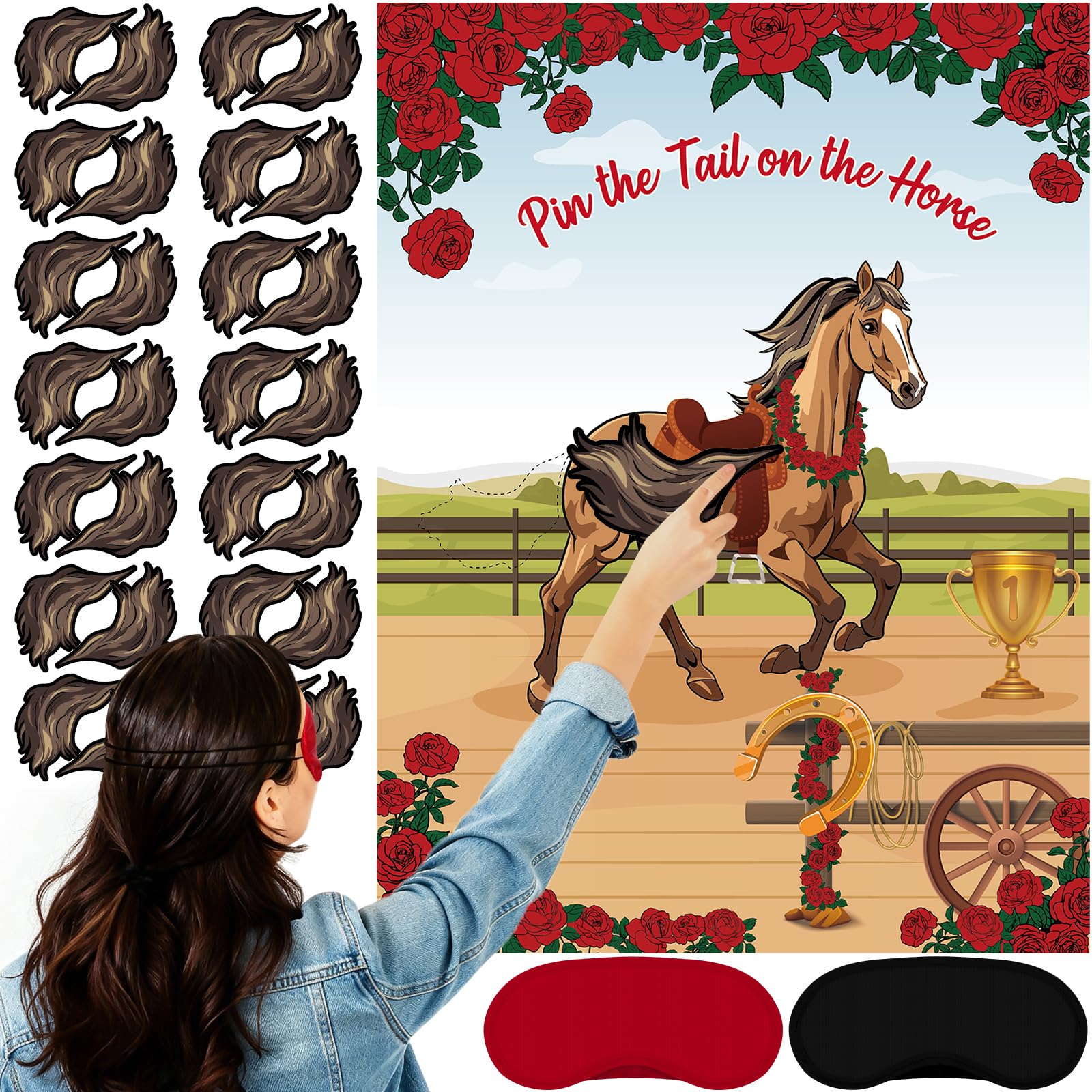 Civaner 33 Pcs Derby Decorations Pin the Tail on the Horse Game Kit with 1 Poster 30 Horse Tails & 2 Polyester Eye Masks Party G