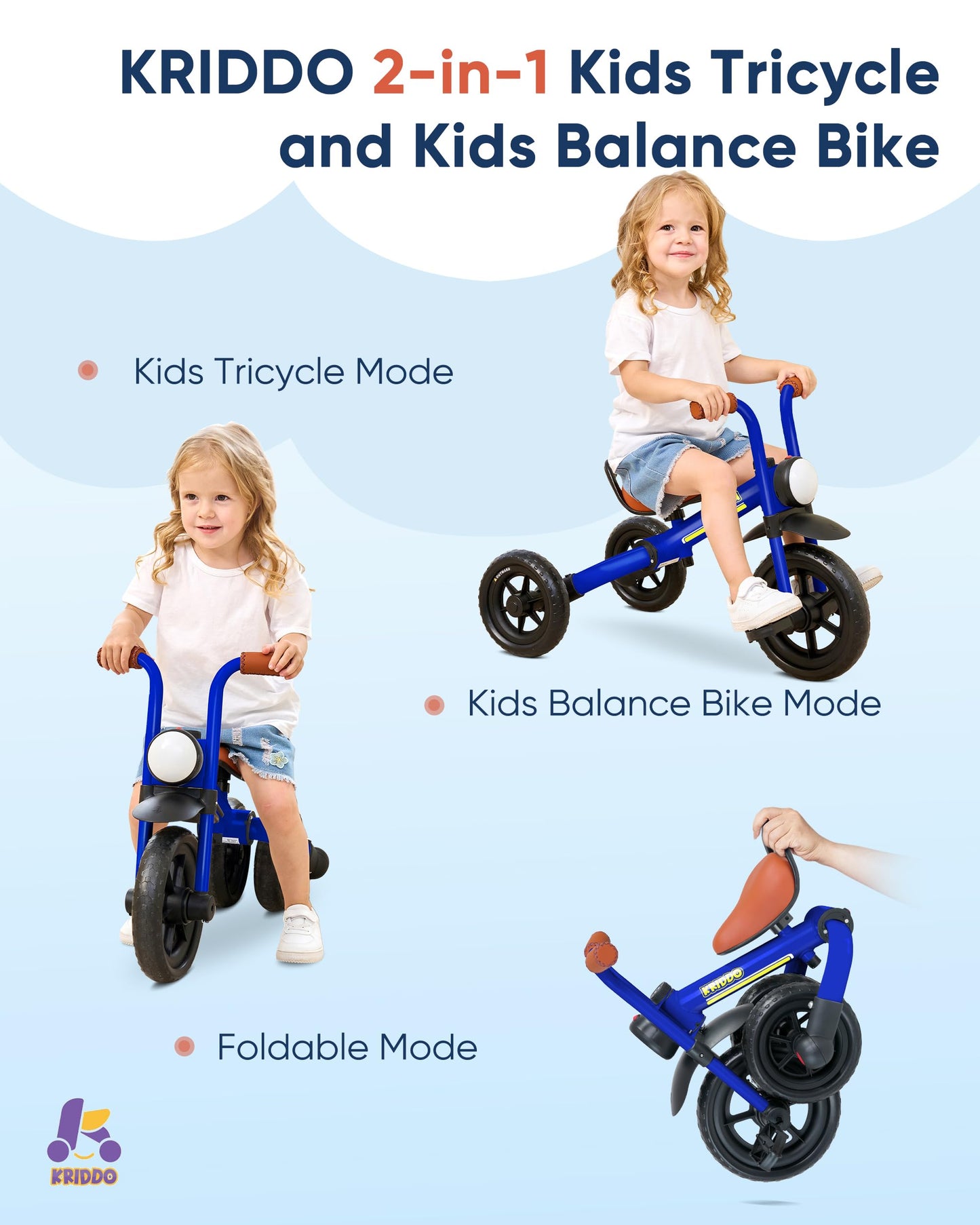 KRIDDO 2-in-1 Kids Balance Bike and Kids Tricycle for 2 to 5 Year Old, Toddler Balance Bike 2 Year Old with Detachable Pedals, T