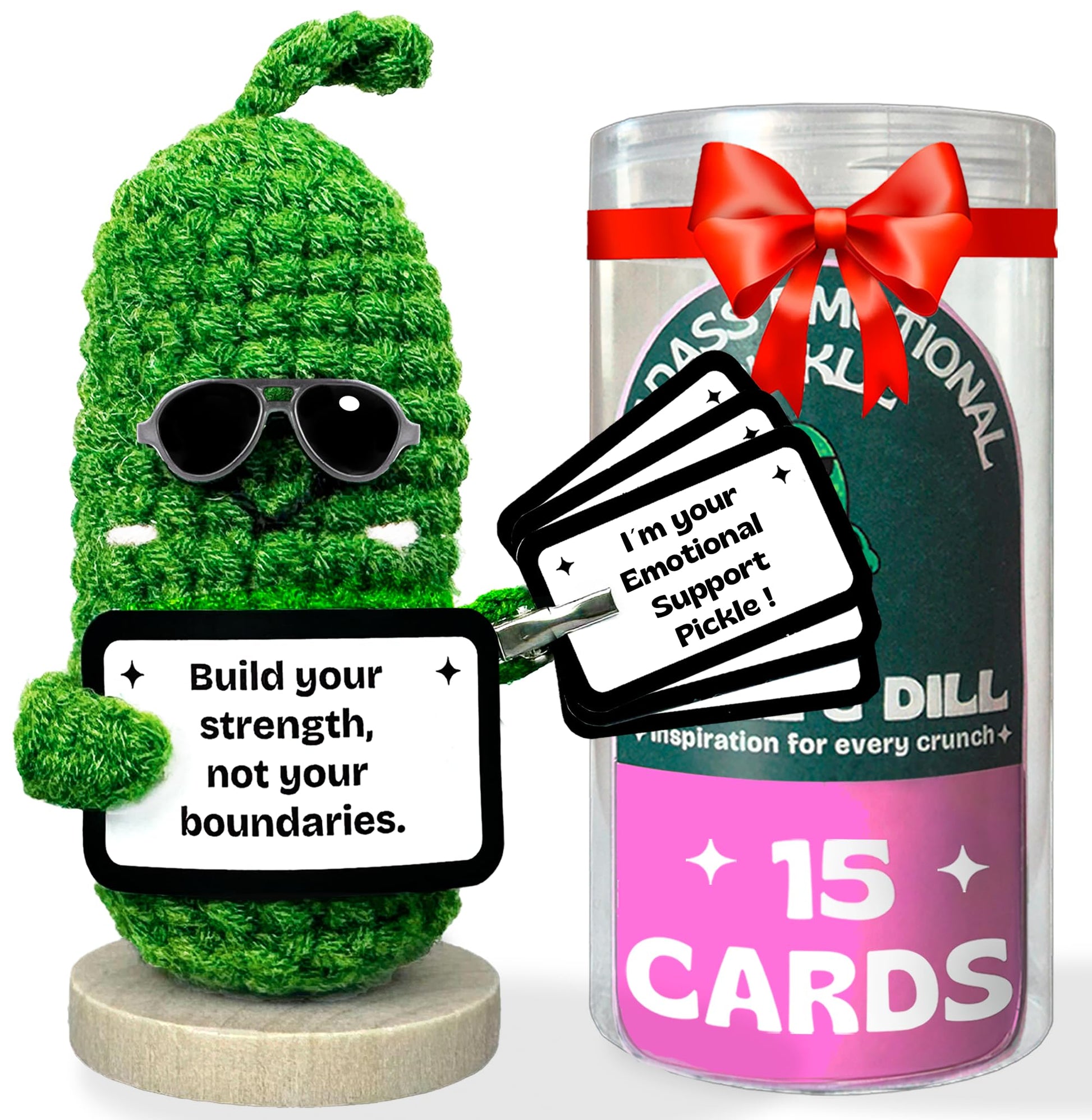 Almacura Emotional Support Pickle. enhanced Handmade Crochet Plush. 15 Motivational Swappable Cards and Customizable QR Messages. Funny Gift for Friends  Coworkers  Motivational Gift.