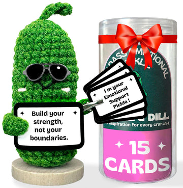 Almacura Emotional Support Pickle. enhanced Handmade Crochet Plush. 15 Motivational Swappable Cards and Customizable QR Messages. Funny Gift for Friends  Coworkers  Motivational Gift.
