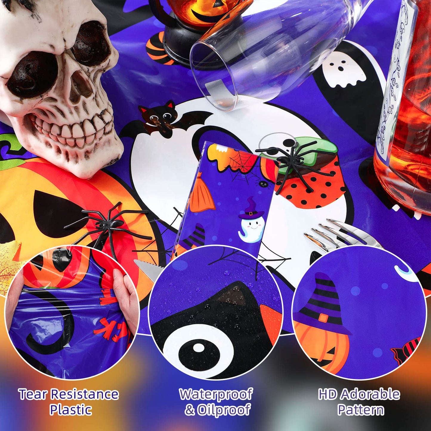 Tegeme Bulk Halloween Tablecloth for Kids Party 108 x 54 Inch Disposable Plastic Rectangular Table Covers with Cute Cat Pumpkin