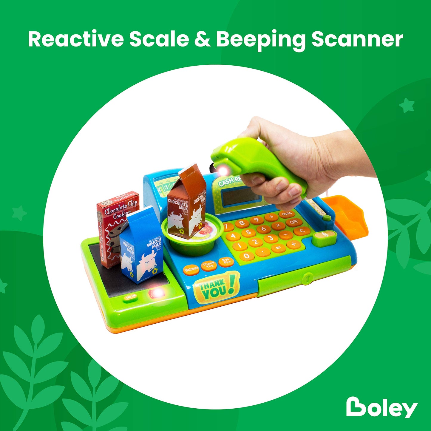 Boley Pretend Play Cash Register Toy For Kids - 19 Piece Interactive Set With Scanner, Microphone, Conveyor Belt, Calculator & M