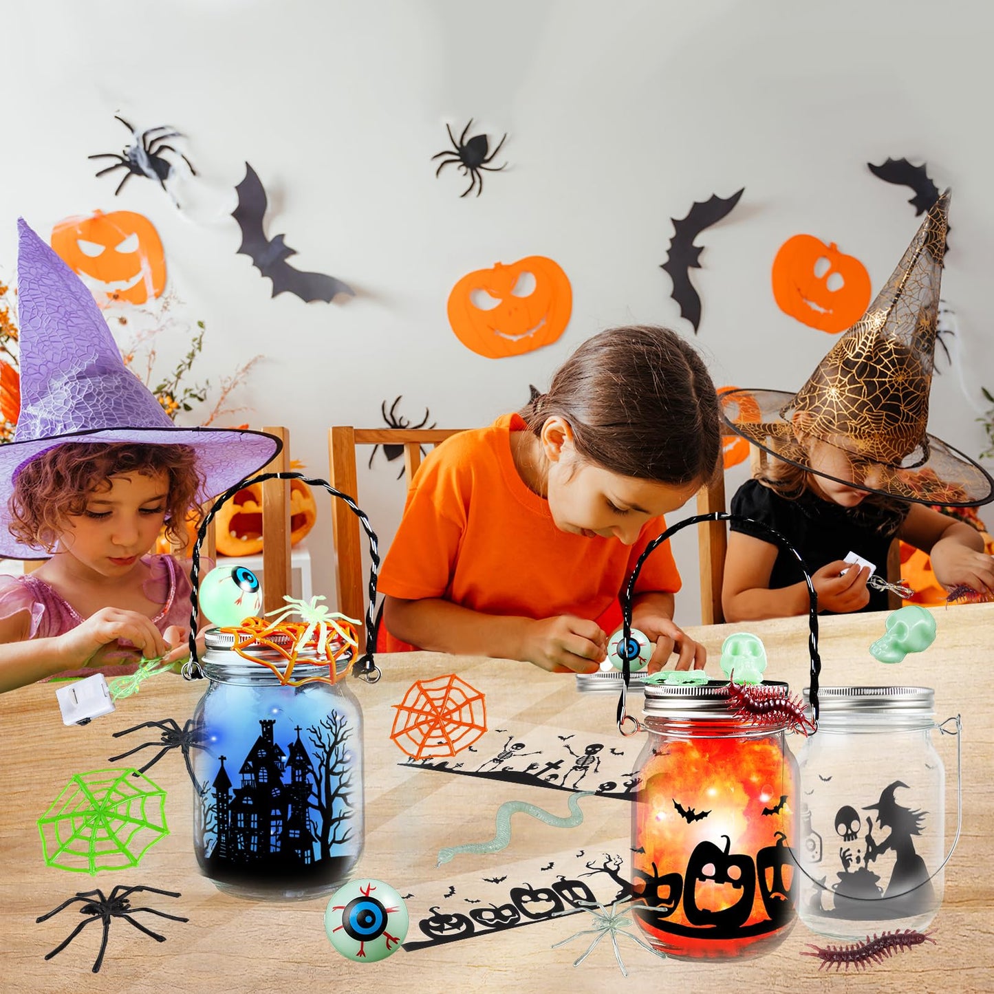 Halloween Mason Jar DIY Lantern Kit for Kids - 4 Pcs Glass Jars With Accessories, Art & Craft Party Supplies, Activities