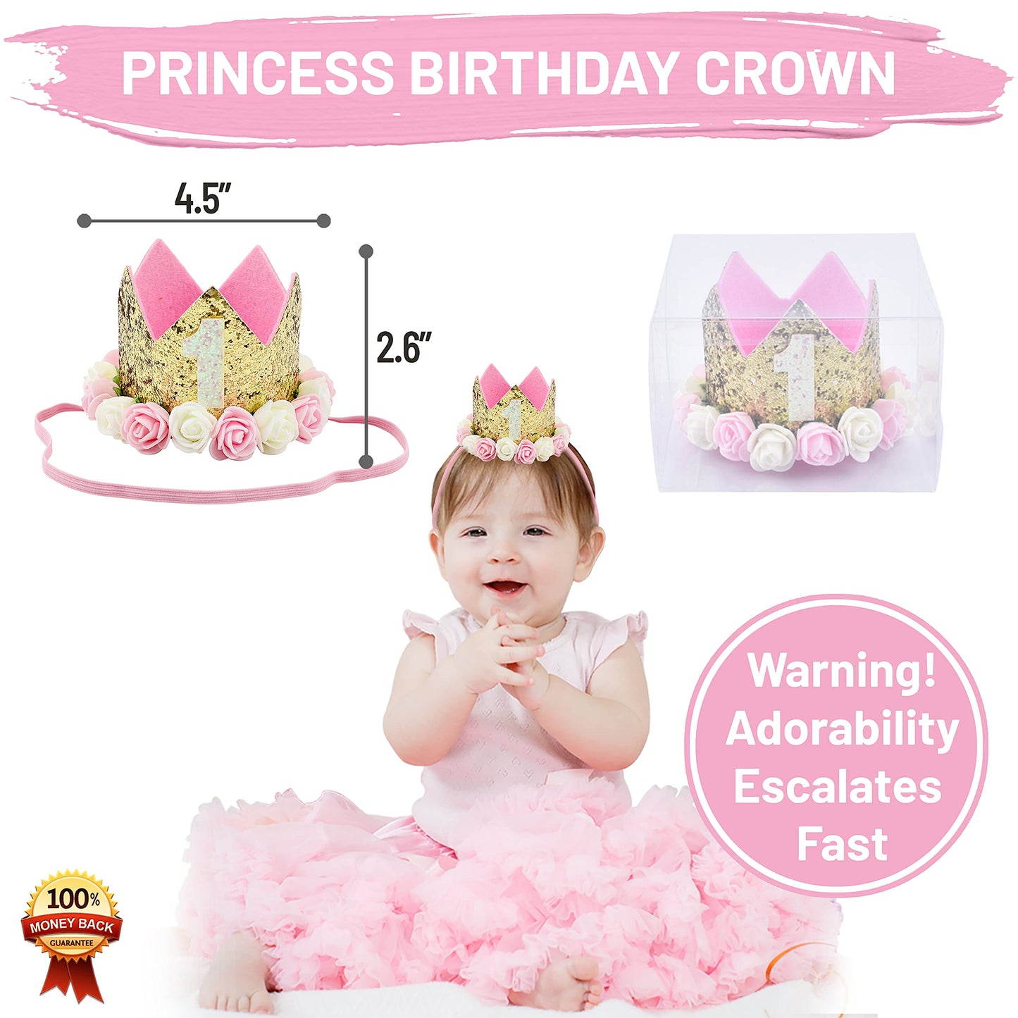1st Birthday Girl Decorations WITH Birthday Crown- Baby First Birthday Decorations Girl - Pink and Gold Party Supplies - One Bal