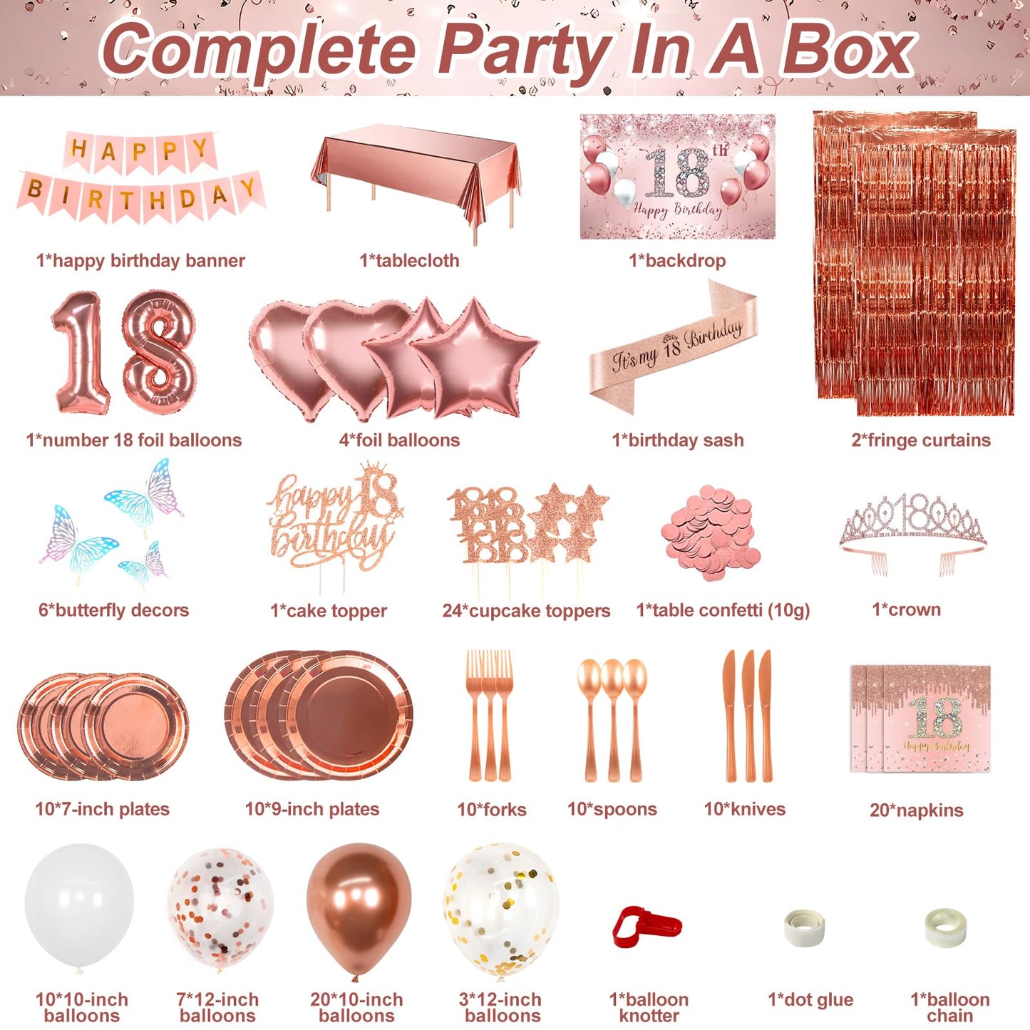 Hjingy 18Th Birthday Decorations For Girls, Rose Gold Party Decorations Include Balloons, Backdrop, Curtains, Banner, Sash, Crow