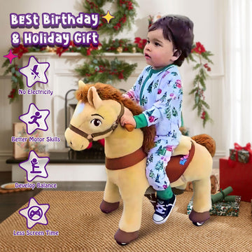 Ponycycle Plush Interactive Riding Horse Kids Ride On Toy Ride On Horse Walking Horse, Essential Model E Size 4 For Age 4-8, No Electricity With Wheels, Giddy Up Riding Toys Pony Light Brown E436
