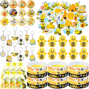 Capoda 110 Pcs Bee Theme Party Favors Bee Classroom Decorations Color Toy Tumbler Wobbler Yellow Wristband Keychain Button Pin H