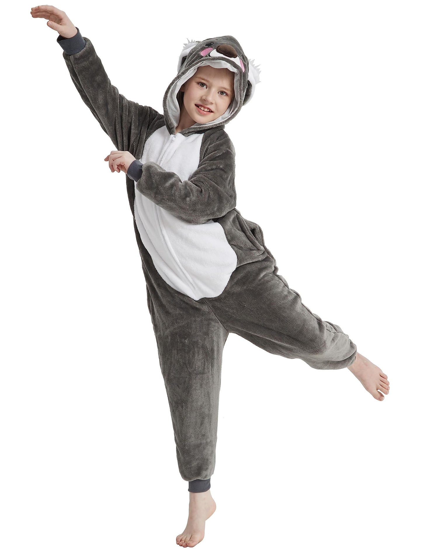 Acogna Onesie Kids Plush Animal Koala Costume One Piece Pajamas Girls Boys Teen Halloween Cosplay Sleepwear Gray 10-11 Years