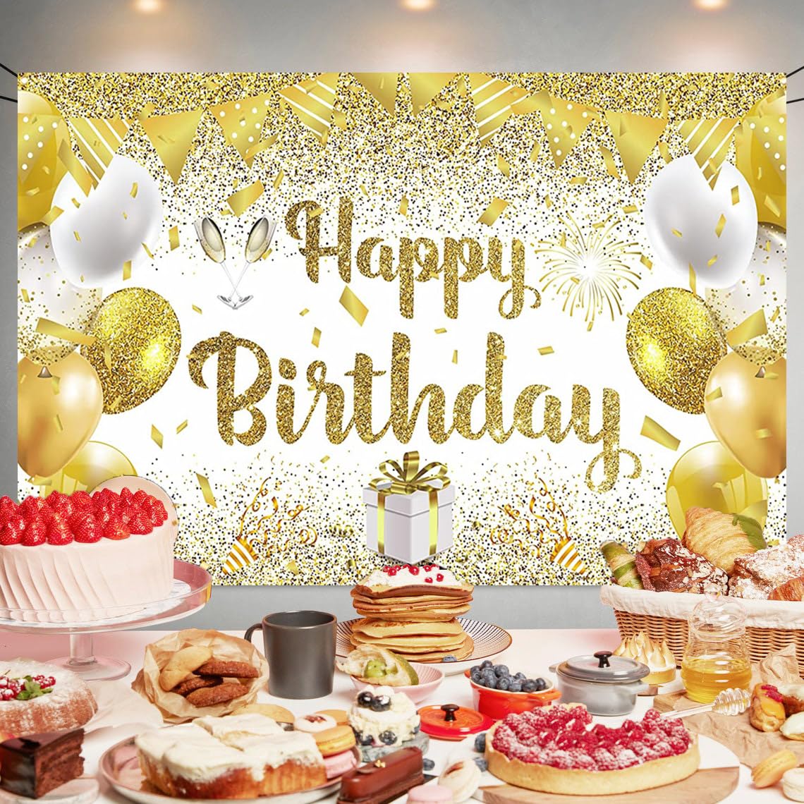 Gold Birthday Paty Backdrop Gold Happy Birthday Banner Gold Photography Background For Home Decorations Party Supplies 70.8 X 47