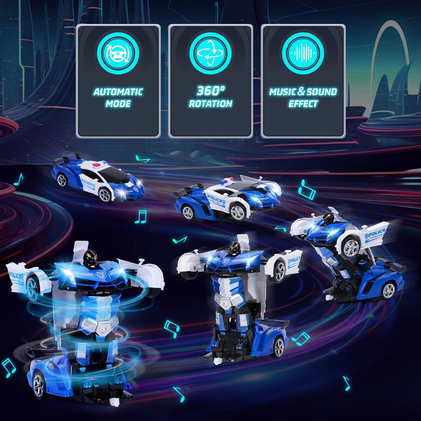 Wrystte Remote Control Police Car,Gesture Sensing Transform Robot 2.4G RC Cars Toys for Ages 4-12,Boy Toys with Light Music,One