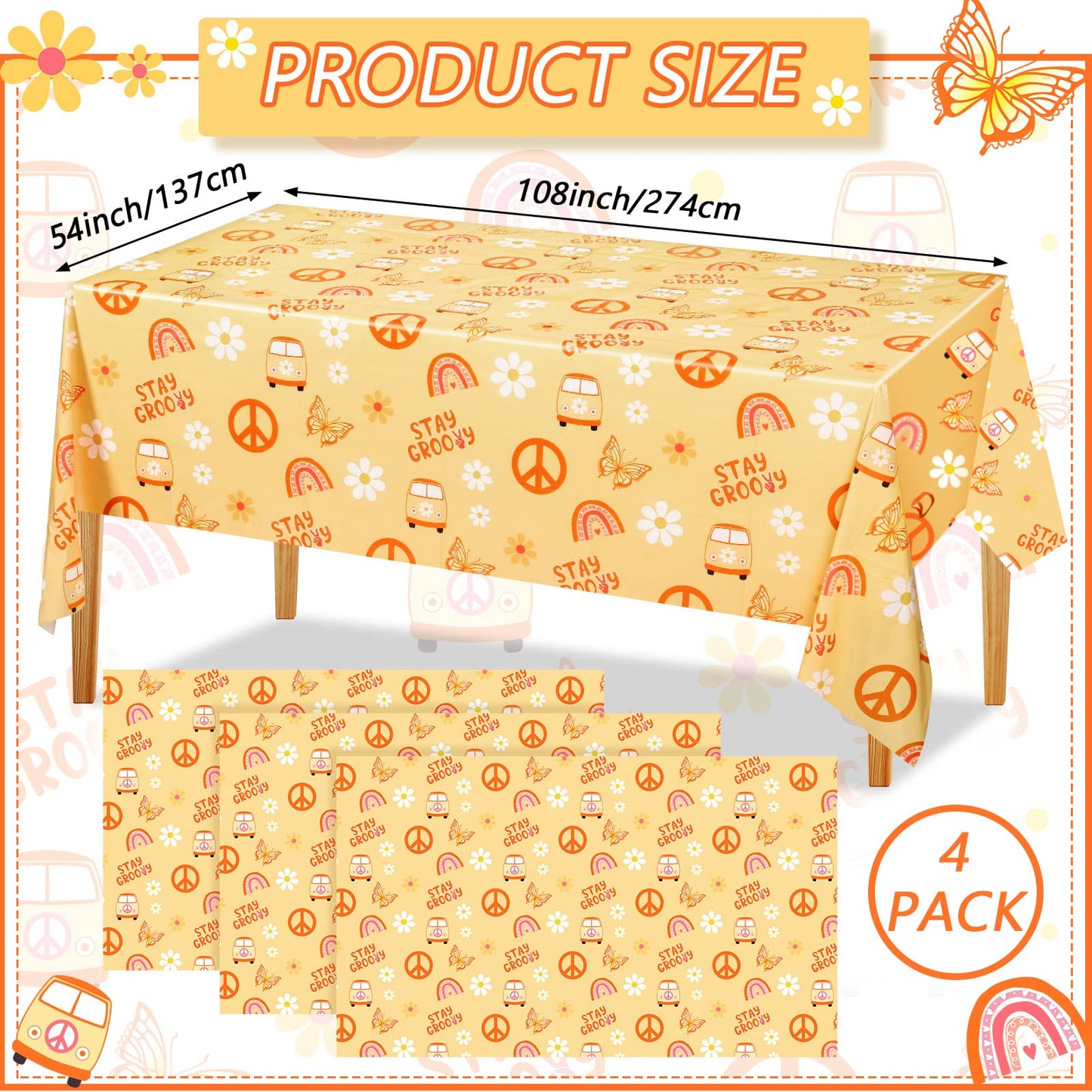 4 Pcs Stay Groovy Tablecloth Retro Hippie Boho Party Table Covers Daisy Flower Bohemian Rainbow Tablecloths Disposable Waterproo