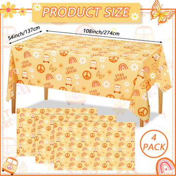4 Pcs Stay Groovy Tablecloth Retro Hippie Boho Party Table Covers Daisy Flower Bohemian Rainbow Tablecloths Disposable Waterproo