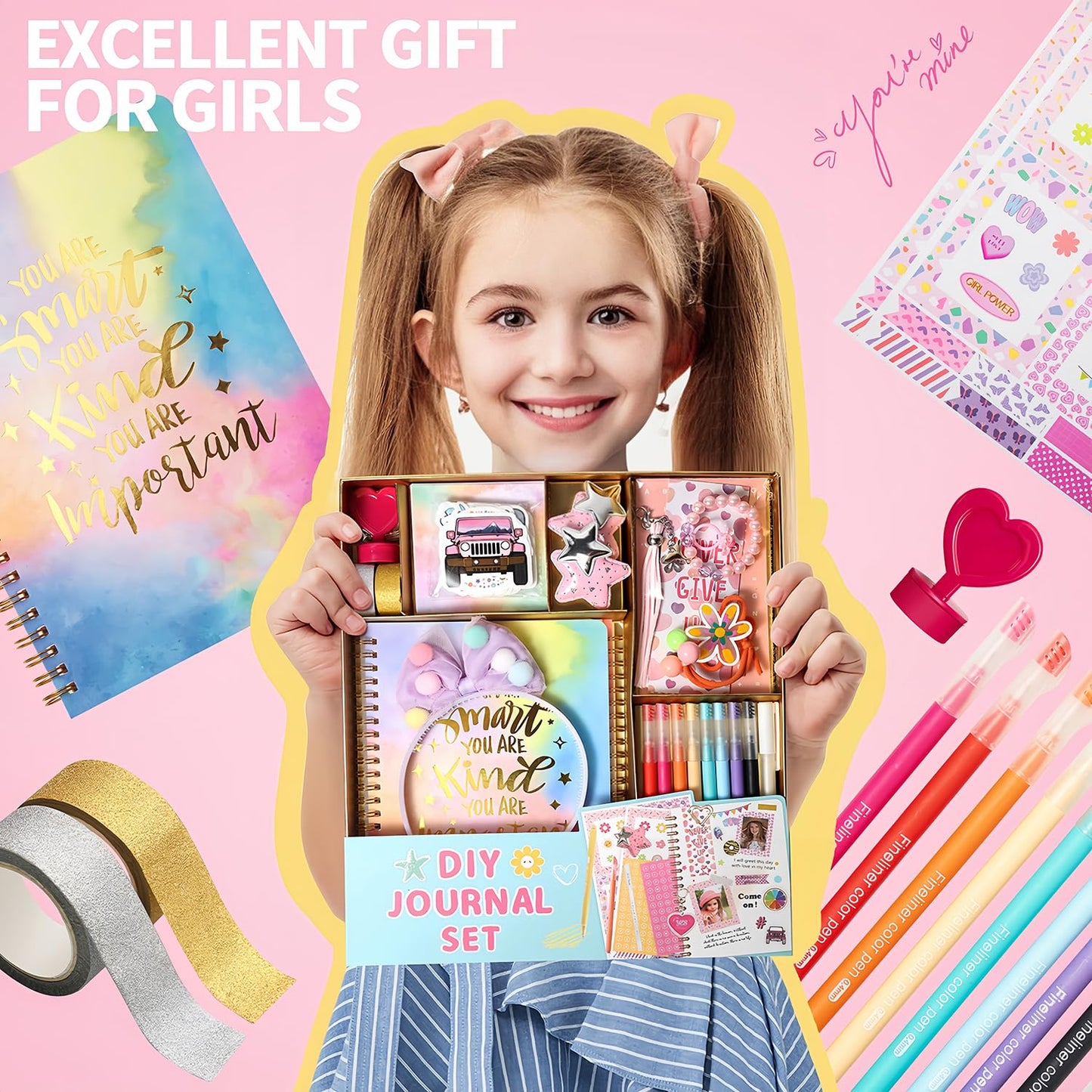 R Ruckerco Girls Diy Diary 54 Pcs Girls Diary Set,Toys For Ages 8-13,Diy Stationery Set, Thin Stickers And Little Girls Daily Su