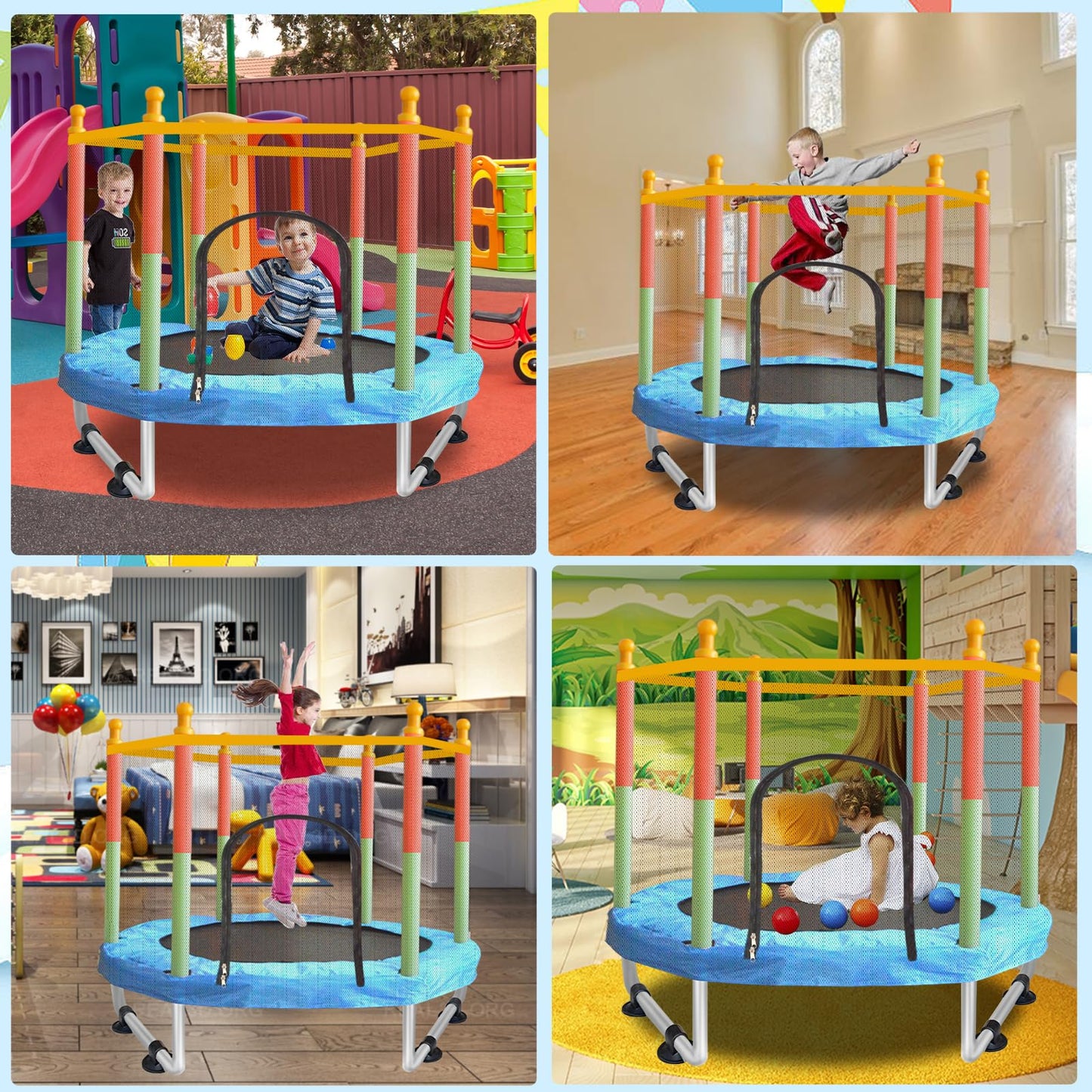 SZBOB Toddler Trampoline - 55'' Indoor/Outdoor Mini Trampoline with Safety Net, Red-Green-Blue, No-Gap Design for Ages 1-8