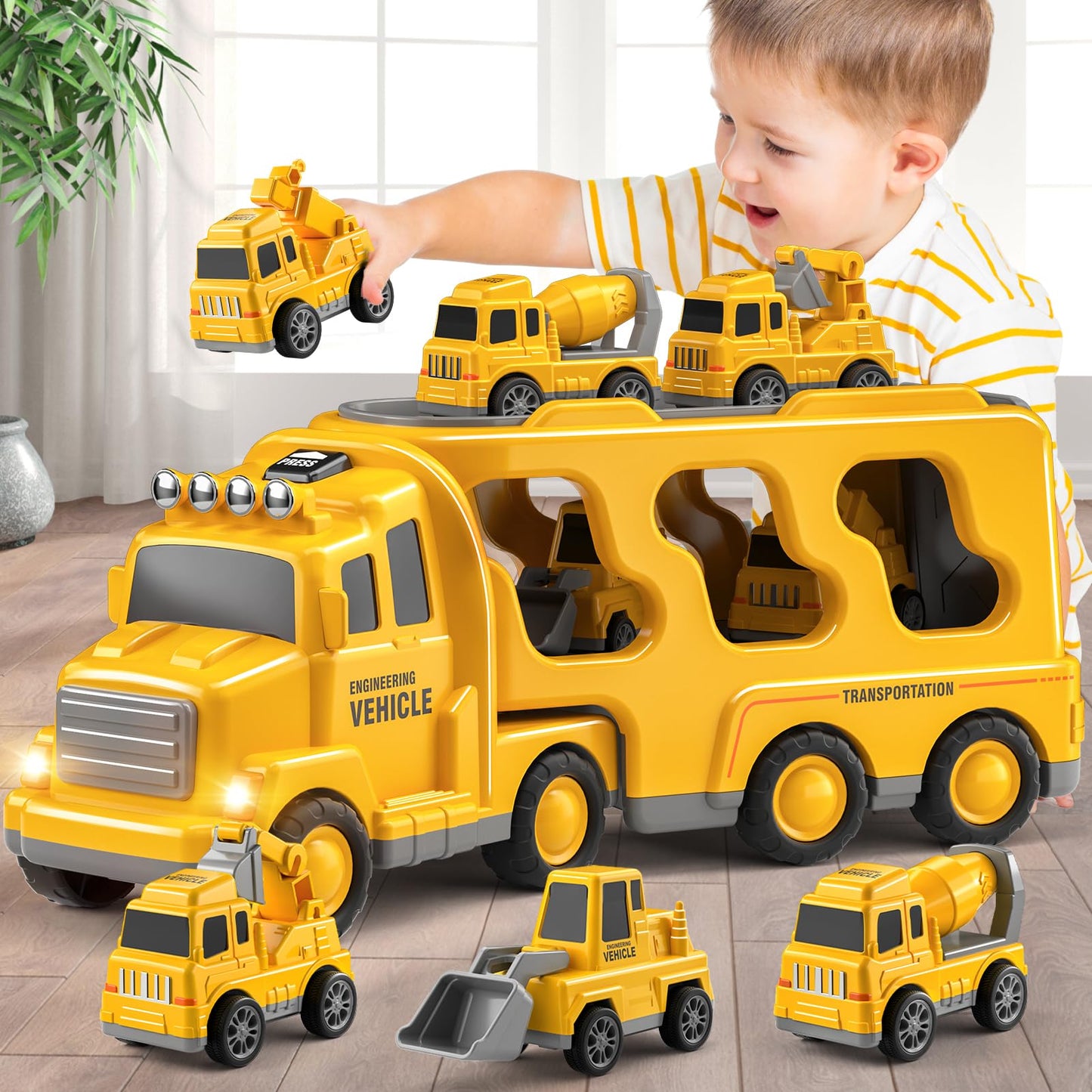 Beby Buty 5 in 1 Construction Trucks Cars Toys for Toddlers 3-5, Boy Toddler Car Truck Toys with Light Sound, Birthday Gifts Toy