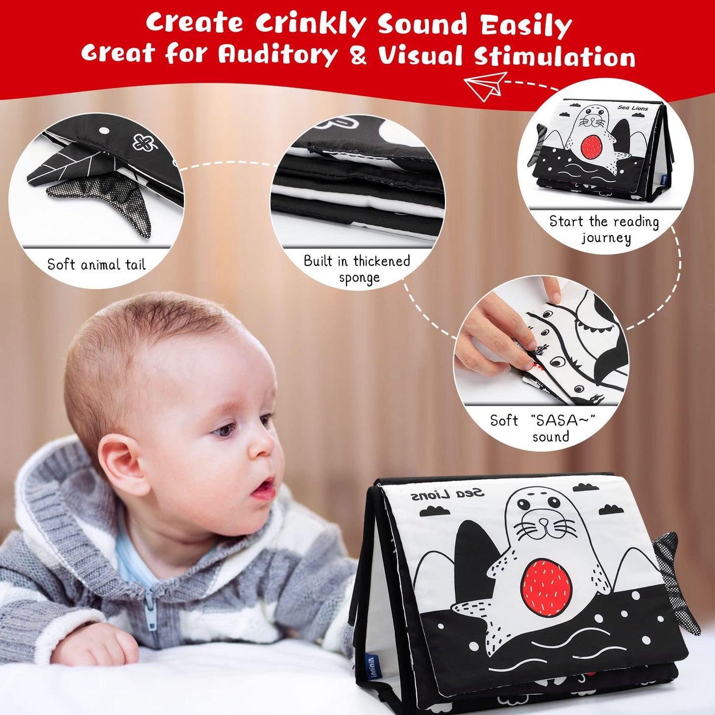 Tummy Time Mirror Toys, Baby Toys 6-12 Months Mirror Floor Toy Soft Cloth Book, Black And White Sensory Toys Activity Montessori