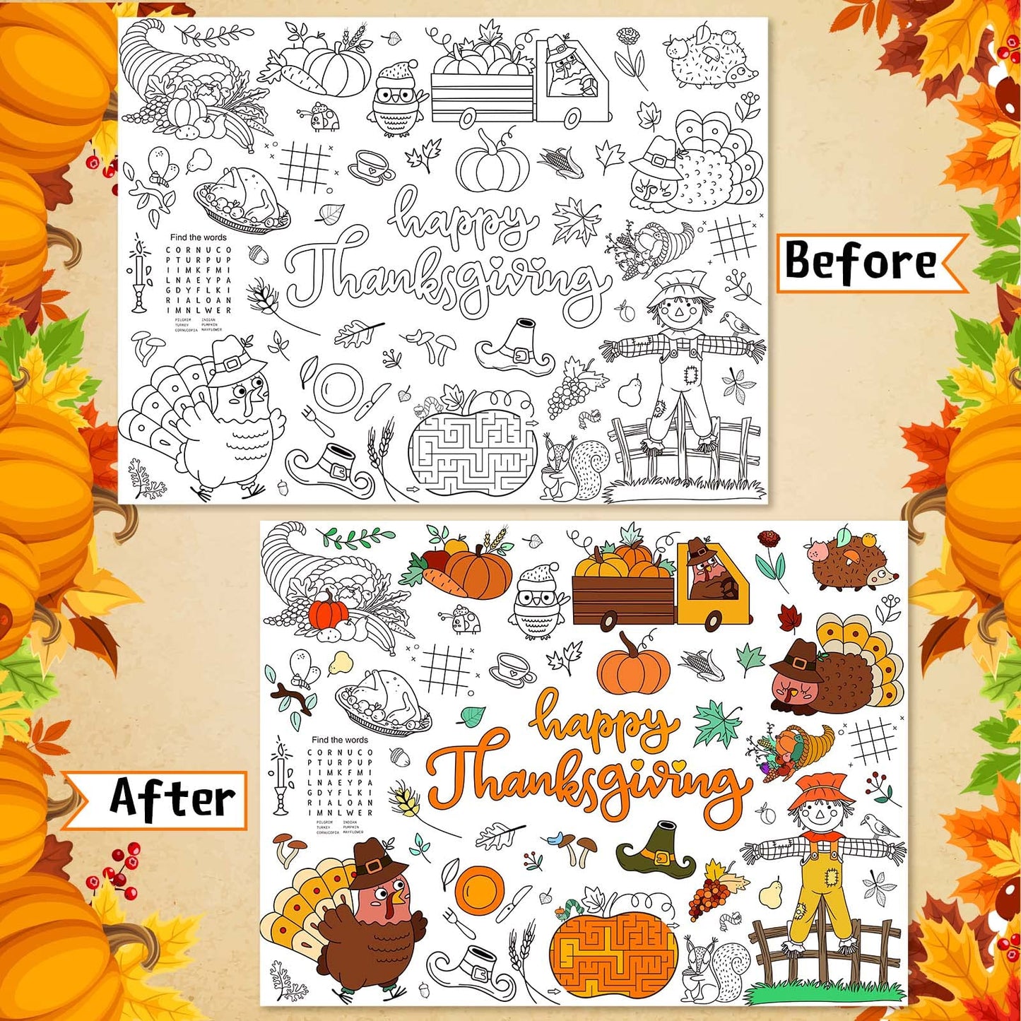 3 Pcs Fall Thanksgiving Coloring Tablecloth for Kids 48 x 36 Inch Large Happy Thanksgiving Color Tablecover Thanksgiving Activit