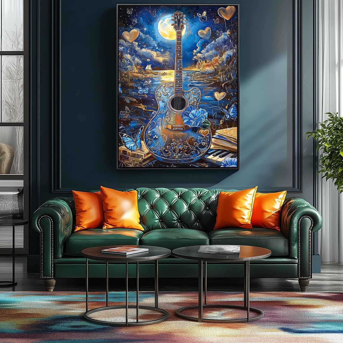 Miniwan 1000 Piece Jigsaw Puzzles For Adults- Fantasy Guitar Moonlight Puzzle - Blue Night Sky With Butterflies Challenging Puzz