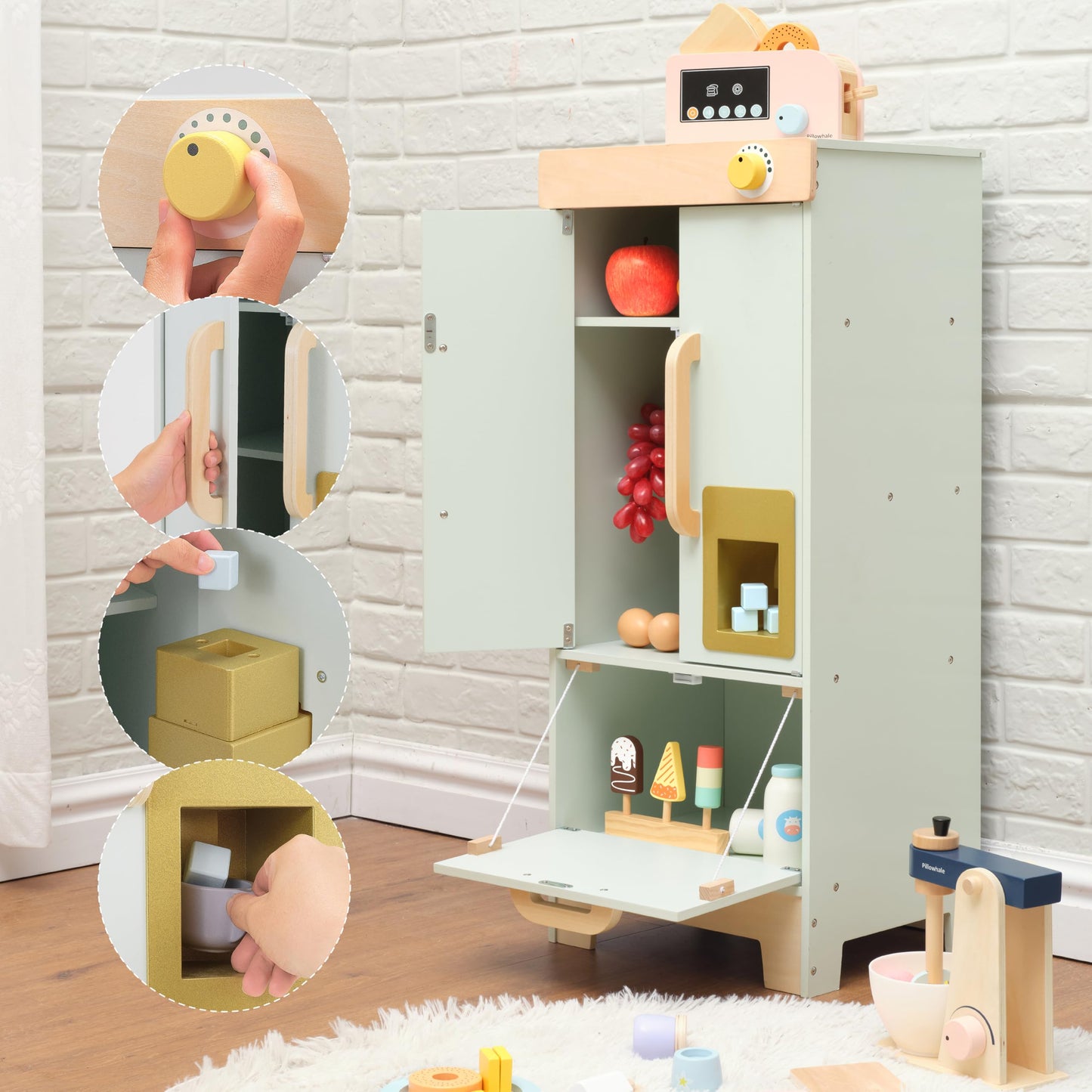 Pillowhale Wooden Play Refrigerator with Ice Maker - Mint Green Kids Fridge Toy, 4 Wooden Ice Cubes & Cup, Quiet Click Handle, M