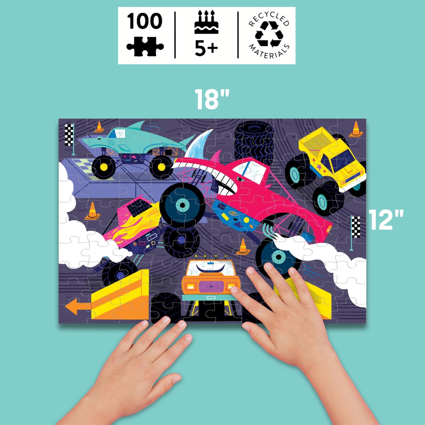 Mudpuppy Monster Trucks - 100 Piece Glow In The Dark Puzzle With Colorful Scene Of Cars And Trucks And Hidden Puzzle Details In