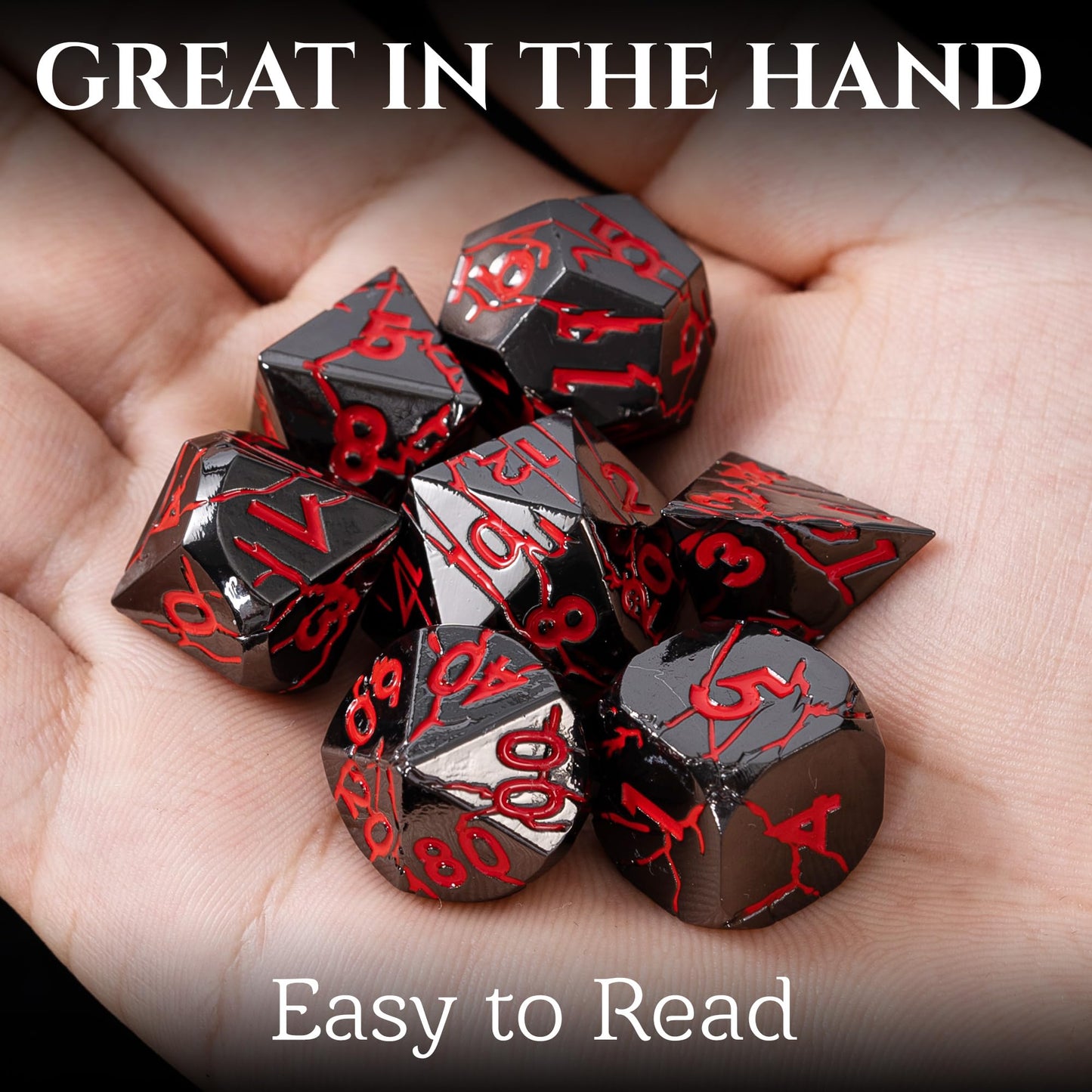 DND Metal Dice - Dark Abyss Metal Dice with Red Cracks - Polyhedral Dice Set for RPG D&D Dice with Cracks - Beautifully Detailed